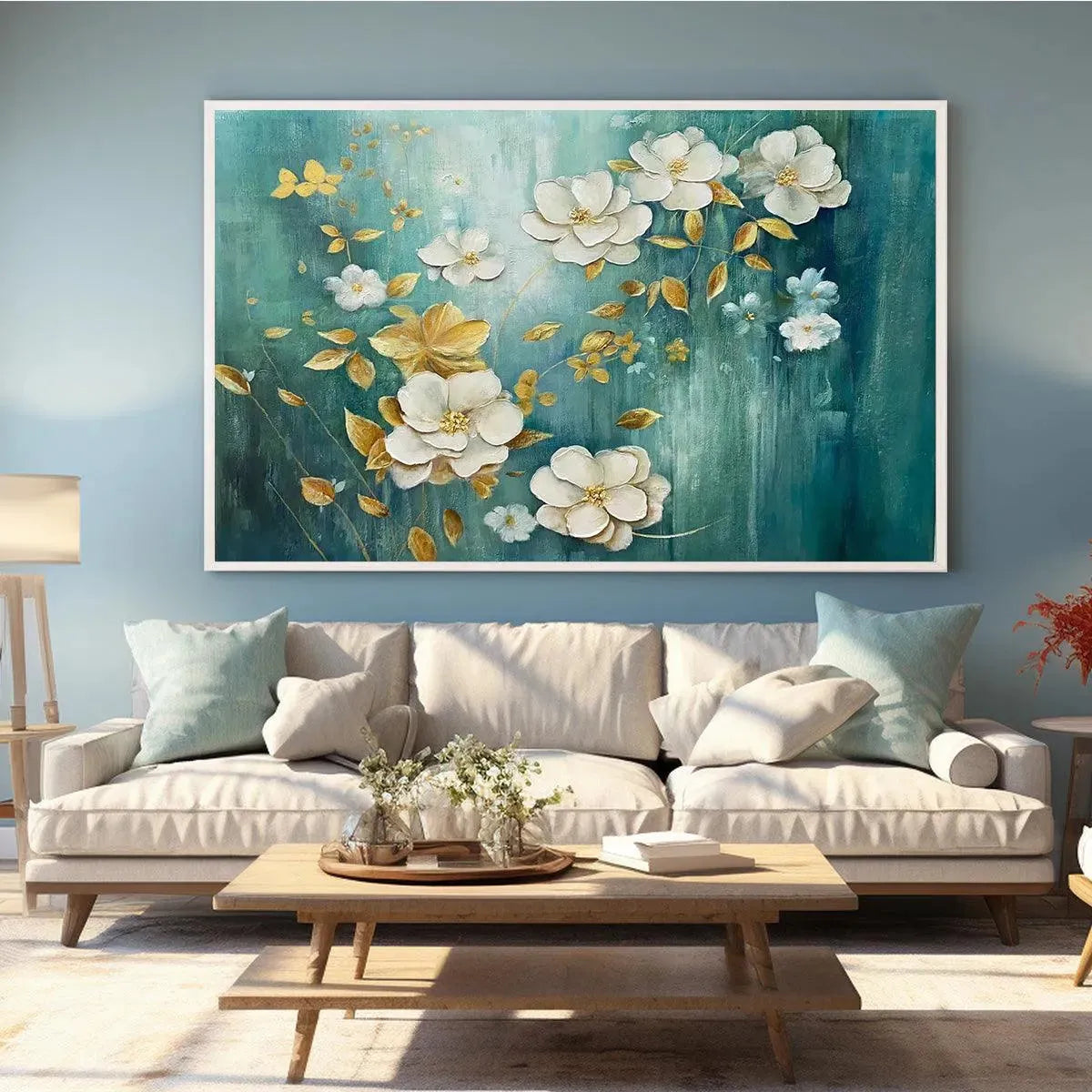GOLDEN GARDEN: White and Gold Floral Painting, Teal Green Background Wall Art, Horizontal Canvas, Impressionist Decor - Image 6