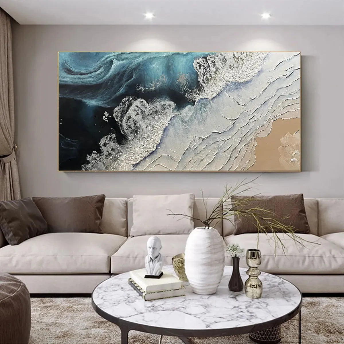 OCEAN’S EMBRACE: Ocean Painting in Blue, White, and Beige, Textured Canvas, Modern Wall Art - Image 2