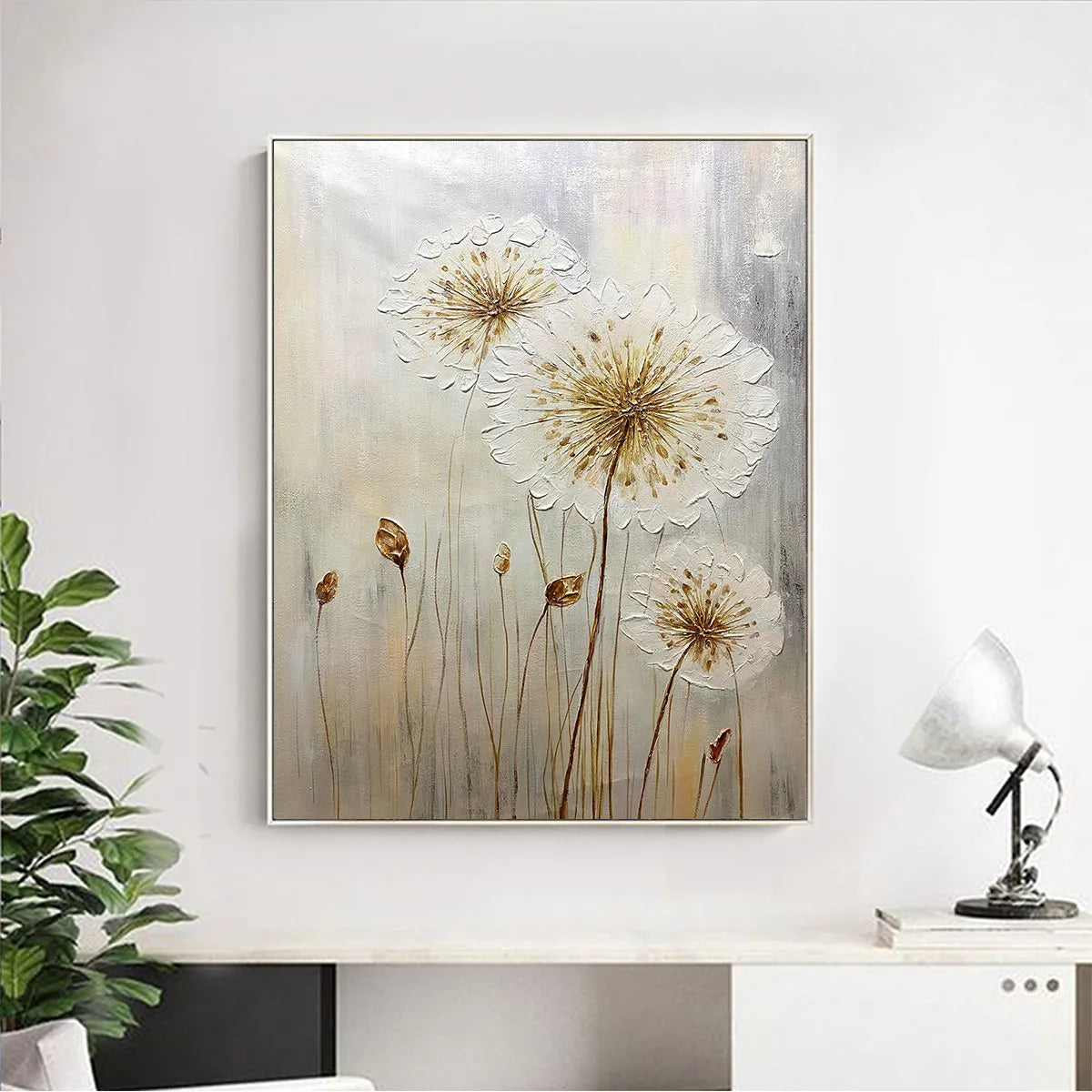WHISPERS OF GOLD: Textured Dandelion Painting on Vertical Canvas - Image 2
