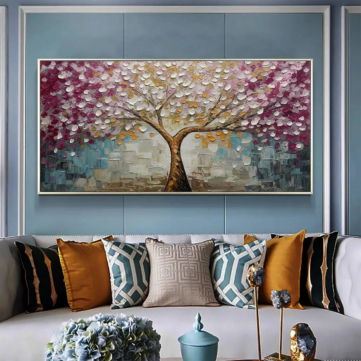 CHERRY BLOSSOM DREAM: Panoramic Textured Impasto Painting of a Cherry Blossom Tree, Modern Wall Art, Pink and Gold - Image 5