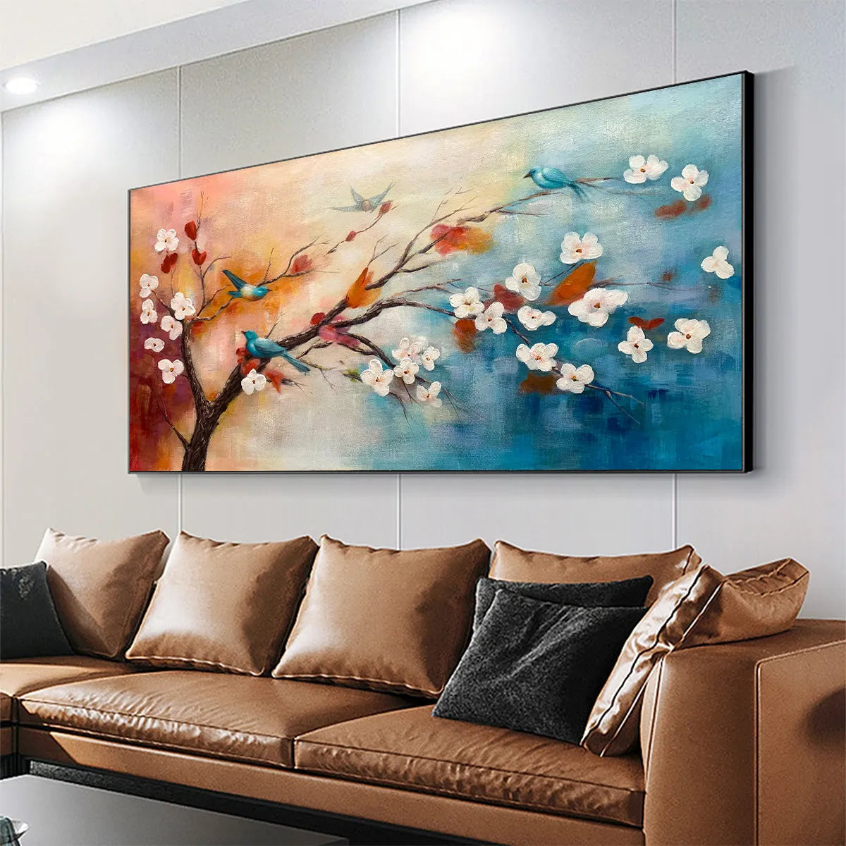 SPRING MELODY: Panoramic Blossom Tree Painting with Colorful Birds - Image 4