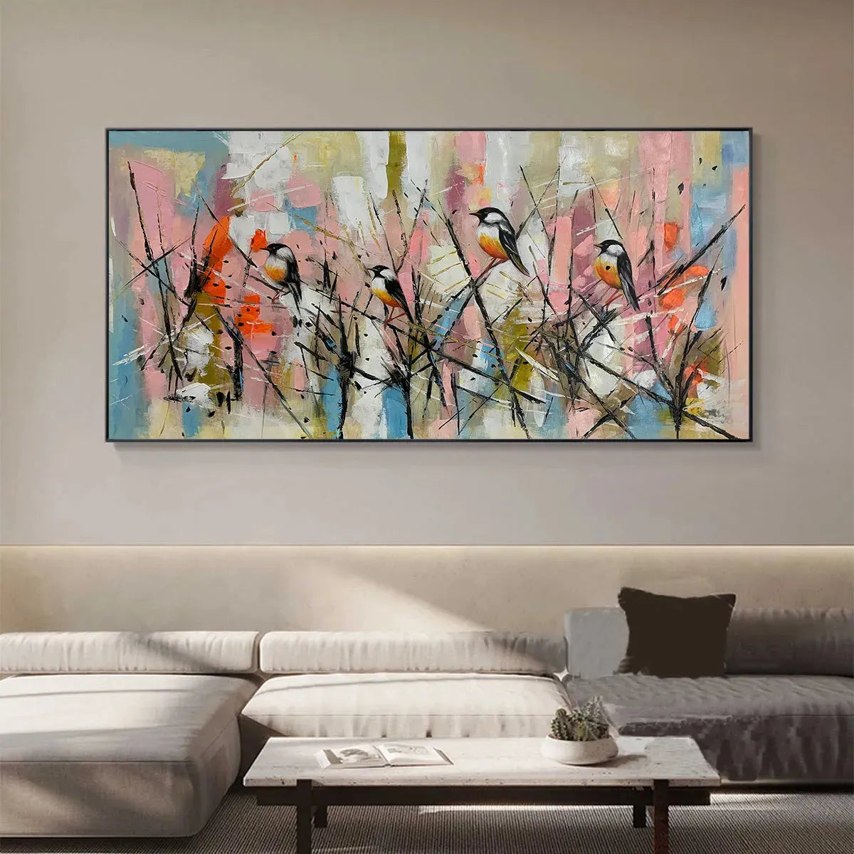 WHIMSICAL BIRDS: Panoramic Painting of Birds on Branches, Pastel Colors, Modern Wall Art, Pink, Blue - Image 5