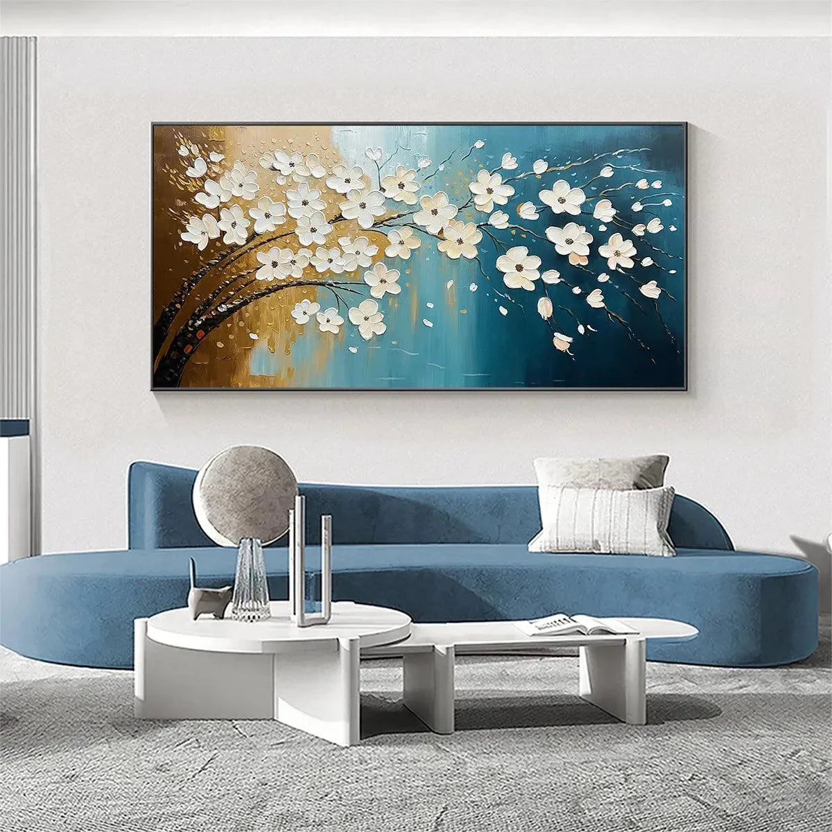 Hand-Painted Floral Tree Oil Painting - Blue & Gold - Image 2