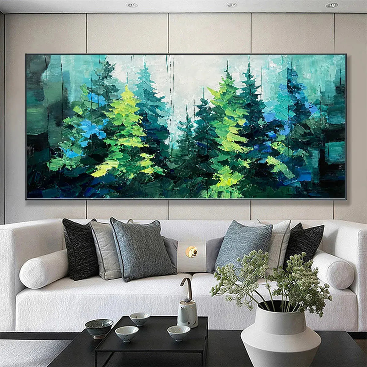 EMERALD FOREST: Panoramic Landscape Painting of an Evergreen Forest, Textured Impasto, Modern Wall Art, Green - Image 2