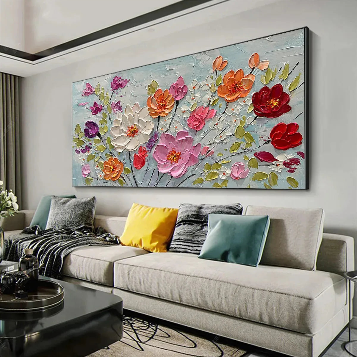SPRING BOUQUET: Panoramic Impasto Painting of Colorful Flowers, Textured Floral Wall Art for Living Room, Bedroom - Image 4