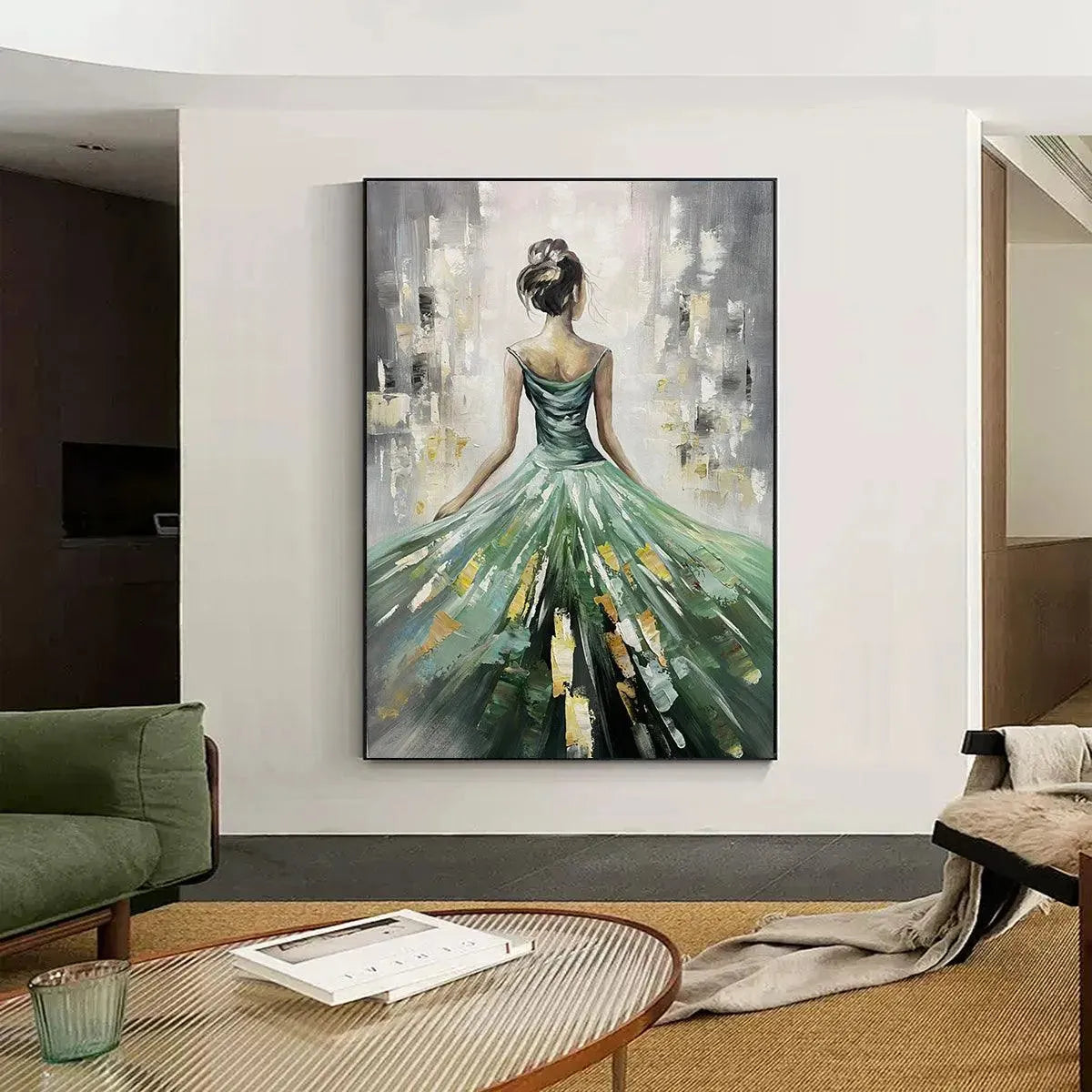 EMERALD GRACE: Elegant Woman in Green Dress, Vertical Canvas, Figurative Wall Art - Image 2