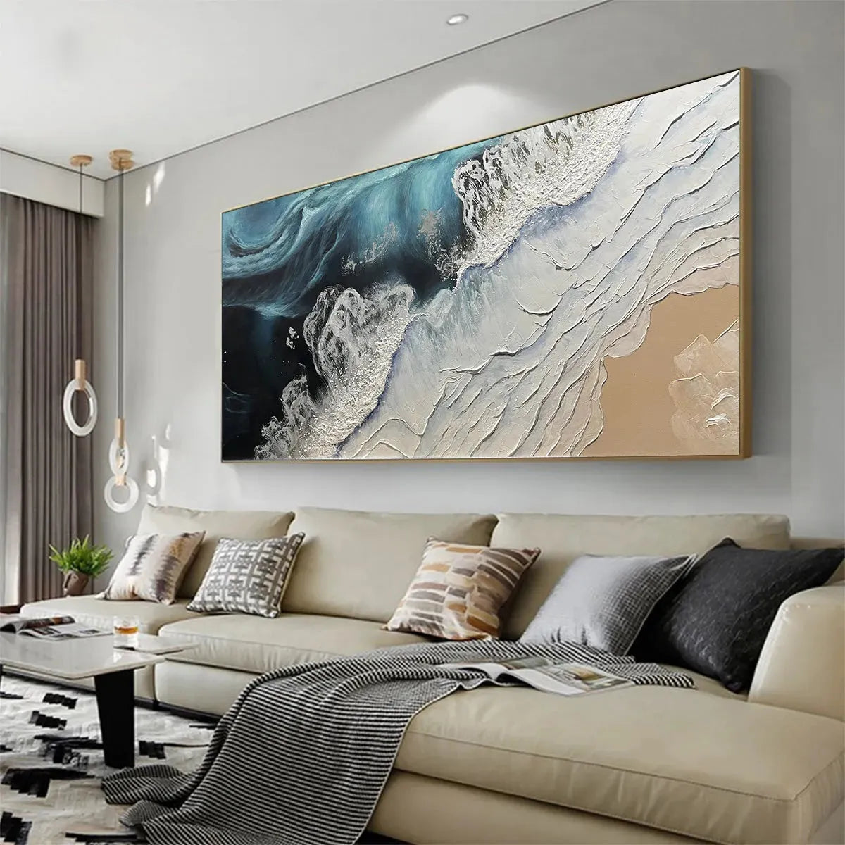 OCEAN’S EMBRACE: Ocean Painting in Blue, White, and Beige, Textured Canvas, Modern Wall Art - Image 4