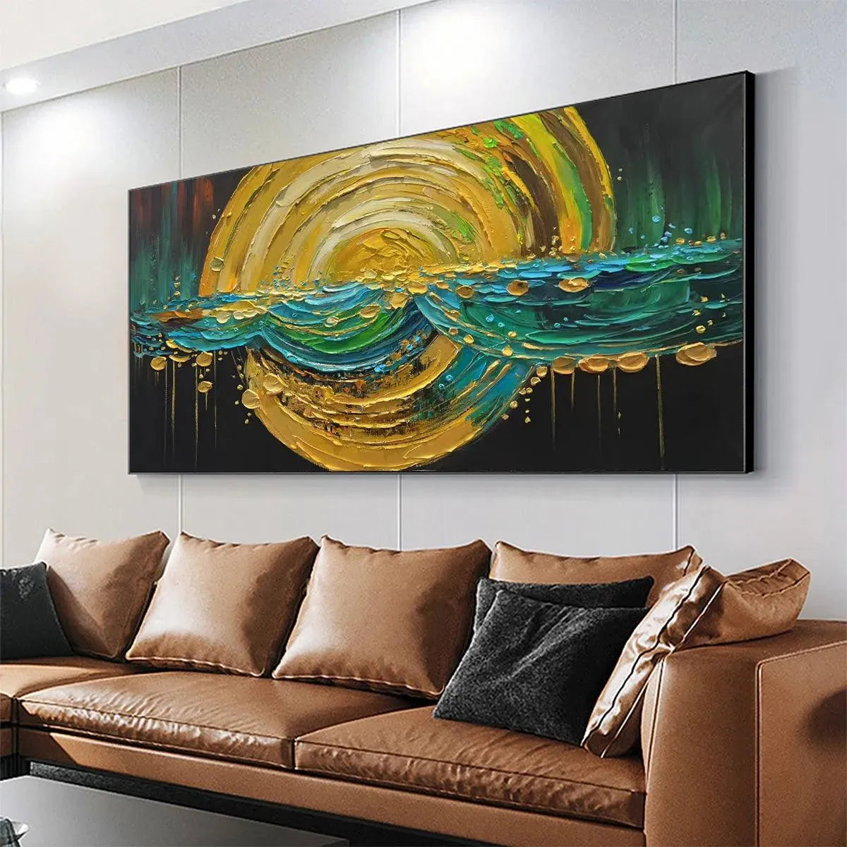 Abstract Sunburst Oil Painting - Gold and Green Art - Image 5