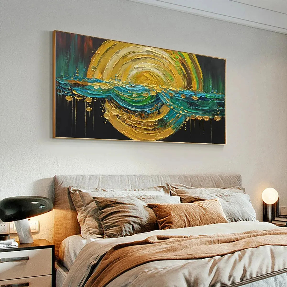 Abstract Sunburst Oil Painting - Gold and Green Art - Image 6