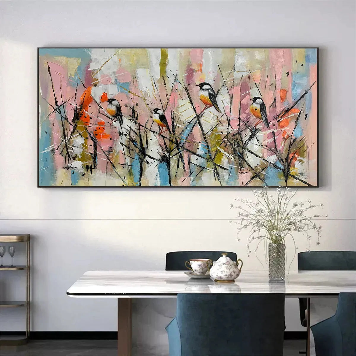 WHIMSICAL BIRDS: Panoramic Painting of Birds on Branches, Pastel Colors, Modern Wall Art, Pink, Blue - Image 6