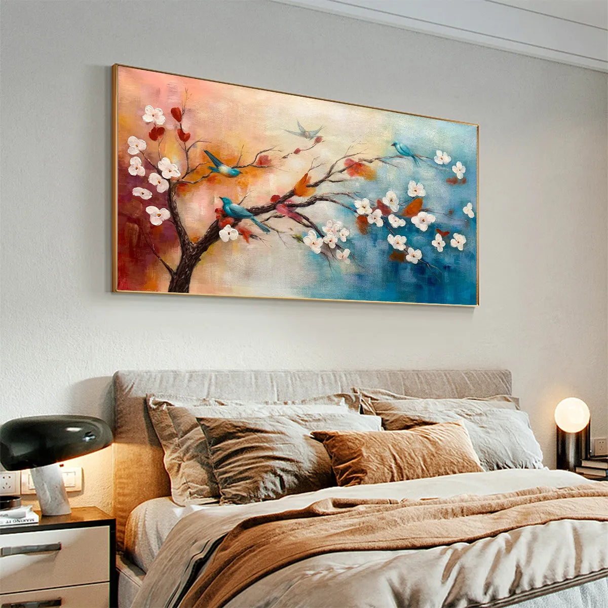 SPRING MELODY: Panoramic Blossom Tree Painting with Colorful Birds - Image 5