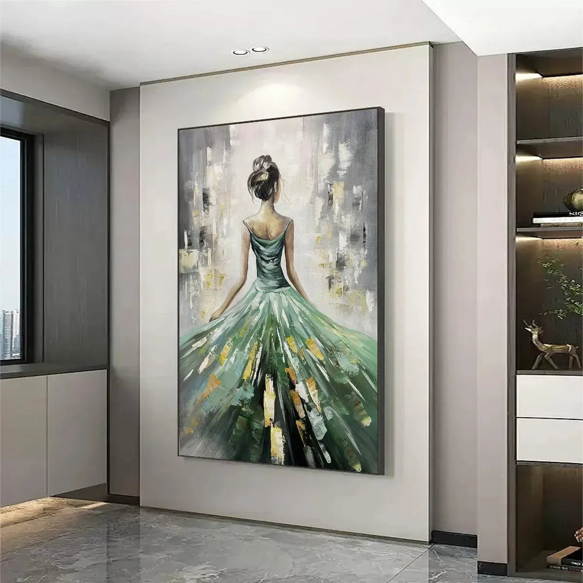 EMERALD GRACE: Elegant Woman in Green Dress, Vertical Canvas, Figurative Wall Art - Image 5