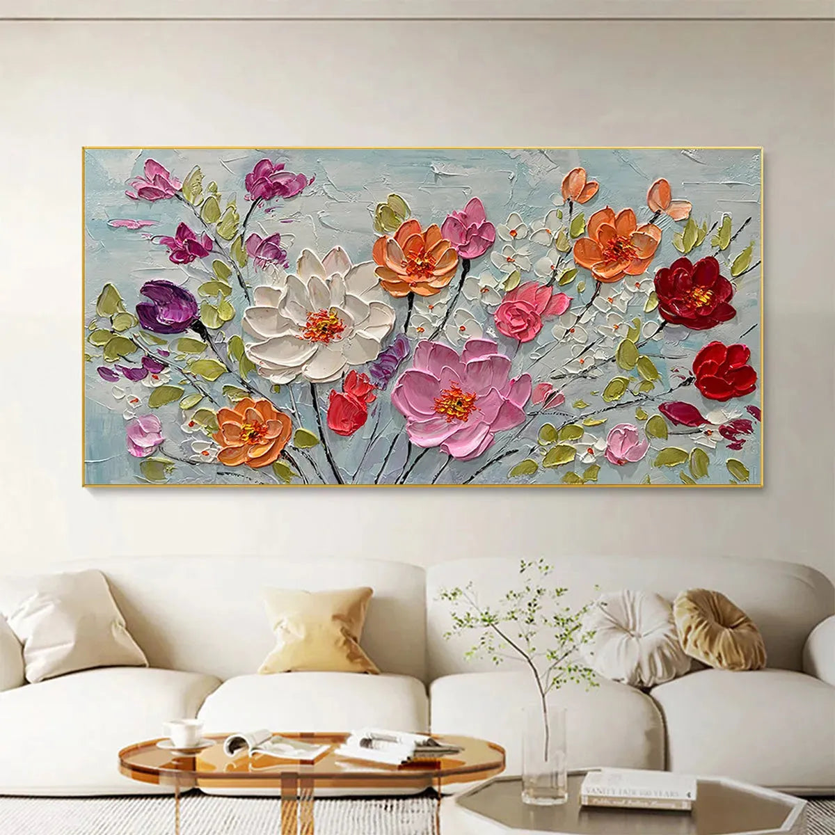 SPRING BOUQUET: Panoramic Impasto Painting of Colorful Flowers, Textured Floral Wall Art for Living Room, Bedroom - Image 5