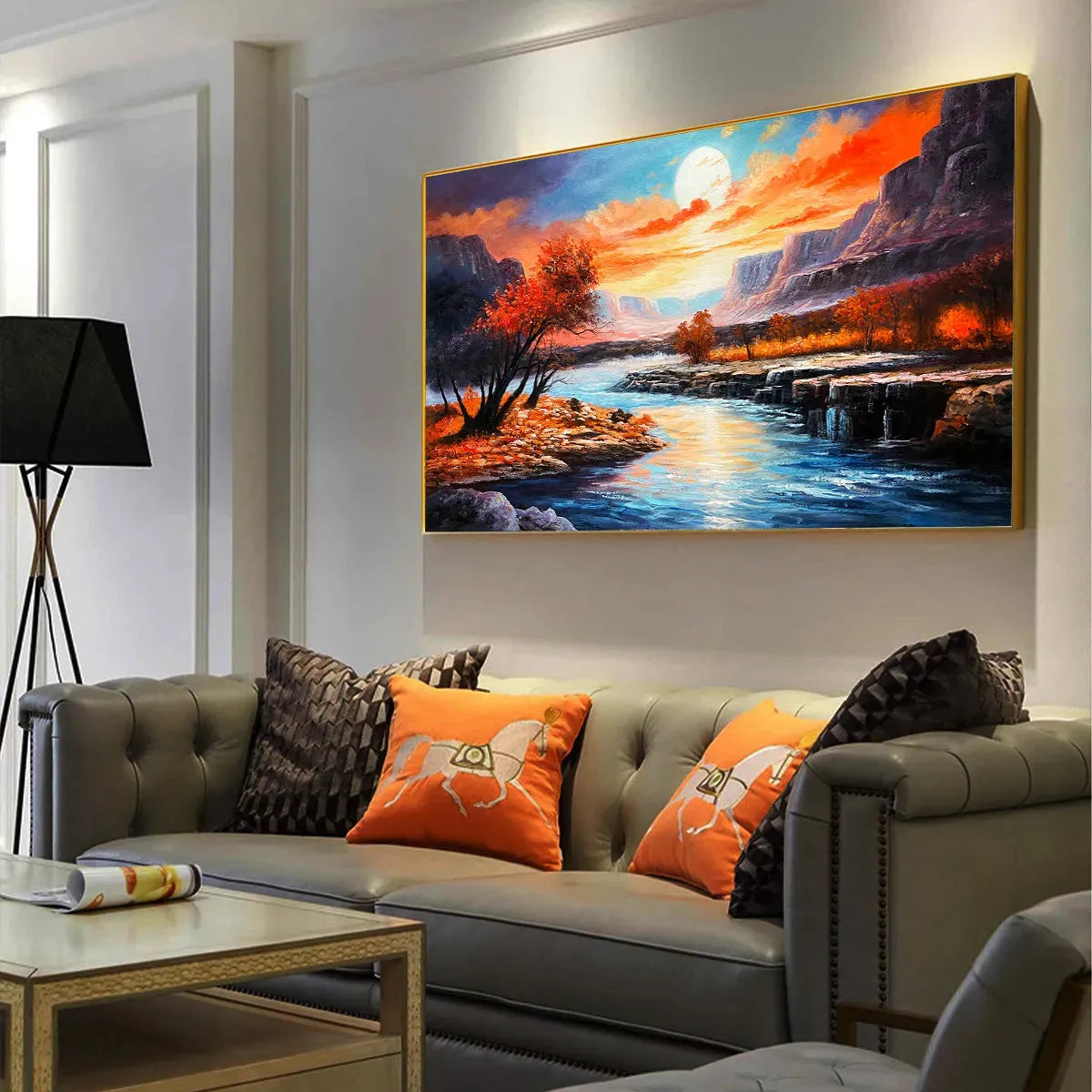 AUTUMN RIVER: Landscape Painting of a River at Sunset, Mountains, and Autumn Trees, Modern Wall Art - Image 4