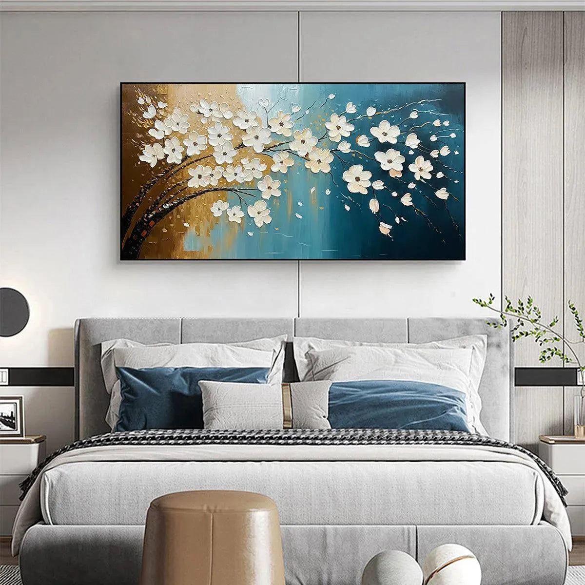 Hand-Painted Floral Tree Oil Painting - Blue & Gold - Image 7
