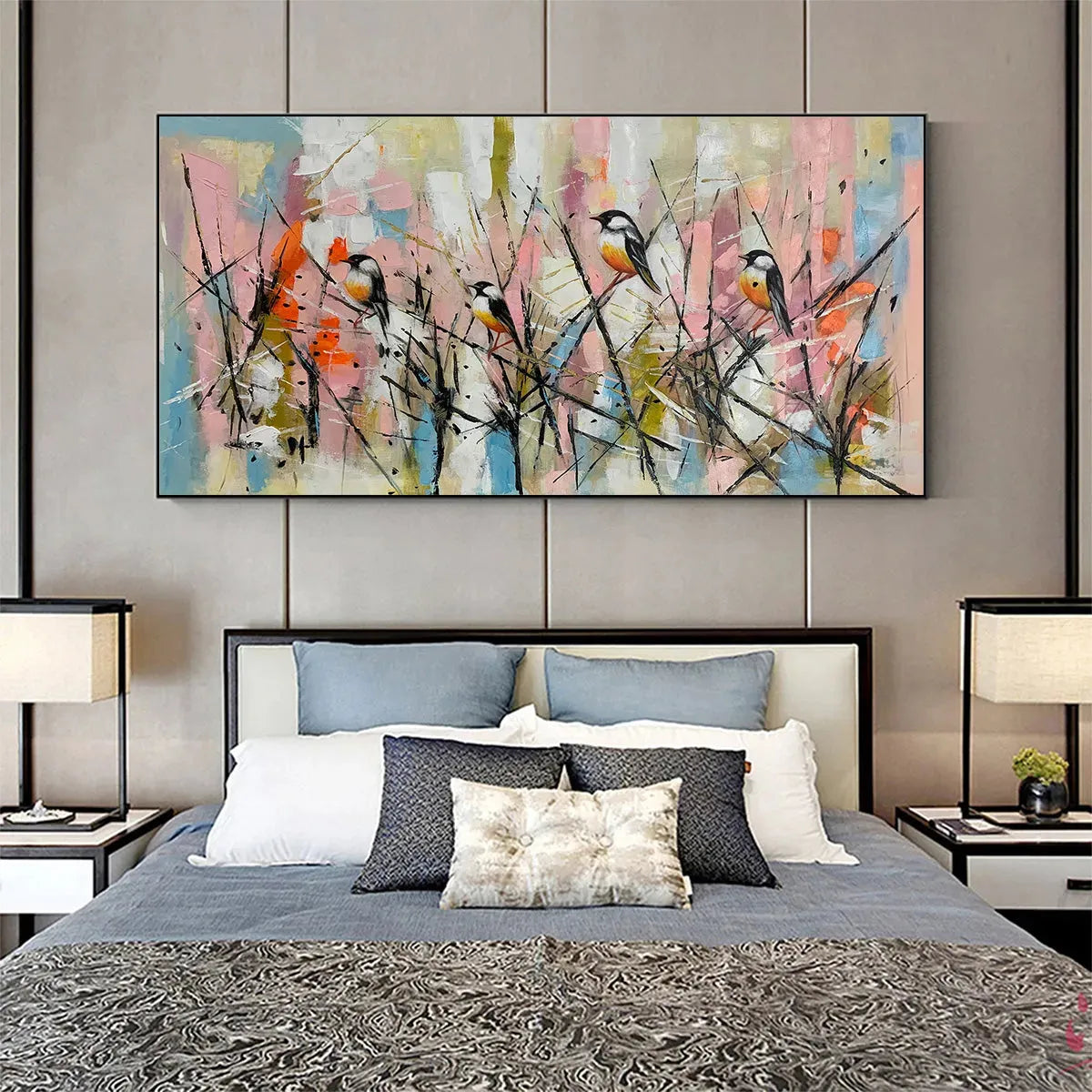 WHIMSICAL BIRDS: Panoramic Painting of Birds on Branches, Pastel Colors, Modern Wall Art, Pink, Blue - Image 7