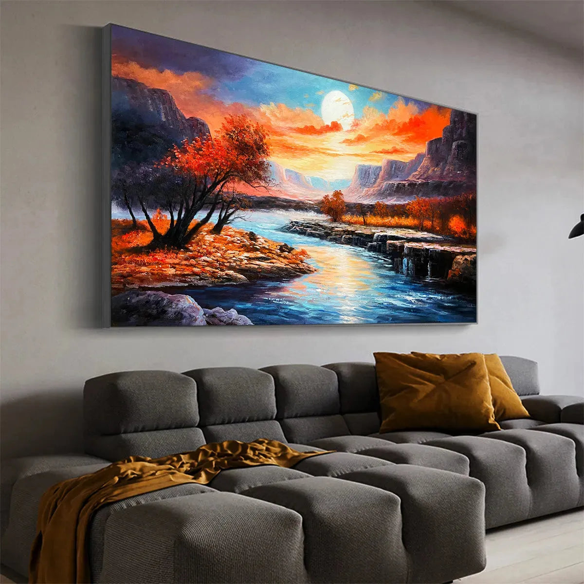 AUTUMN RIVER: Landscape Painting of a River at Sunset, Mountains, and Autumn Trees, Modern Wall Art - Image 5