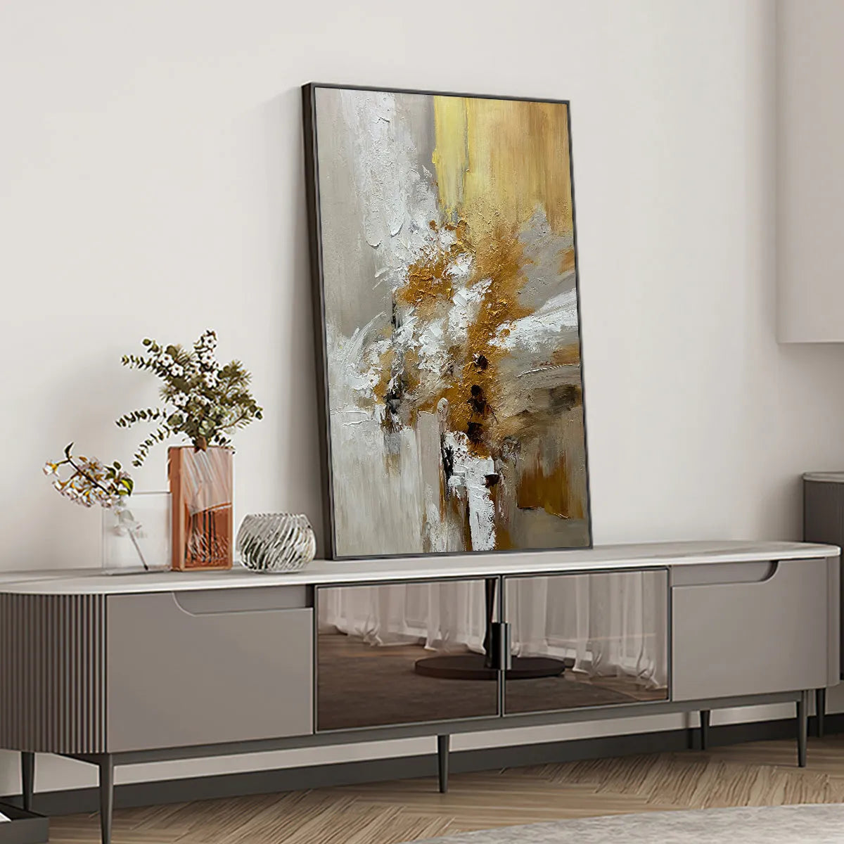 GOLDEN WHISPERS: Textured Abstract Painting in Beige, White, and Gold - Image 6