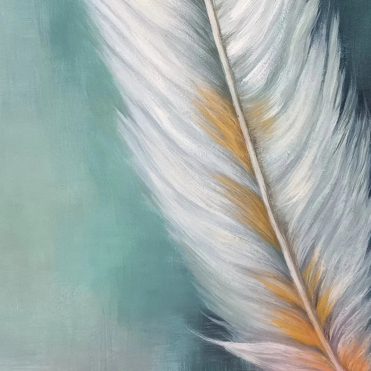 GOLDEN QUILL: White and Gold Feather Painting, Green Background Wall Art, Vertical Canvas, Minimalist Decor - Image 5