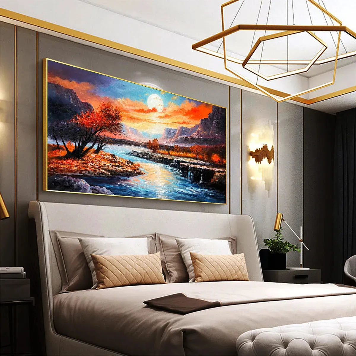 AUTUMN RIVER: Landscape Painting of a River at Sunset, Mountains, and Autumn Trees, Modern Wall Art - Image 6