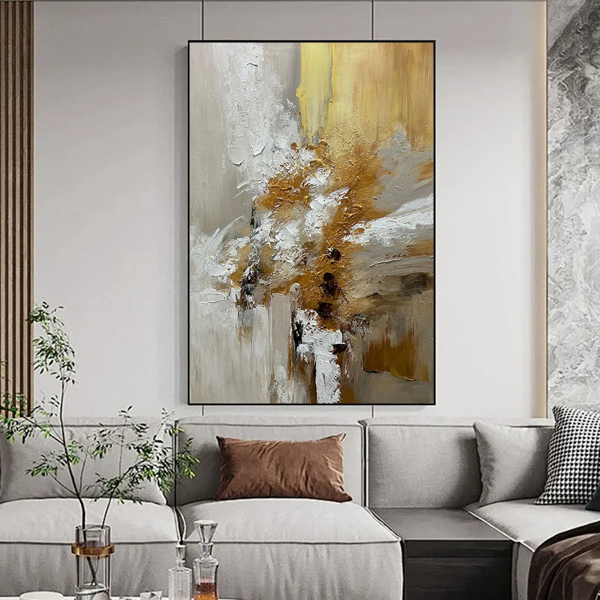 GOLDEN WHISPERS: Textured Abstract Painting in Beige, White, and Gold - Image 2