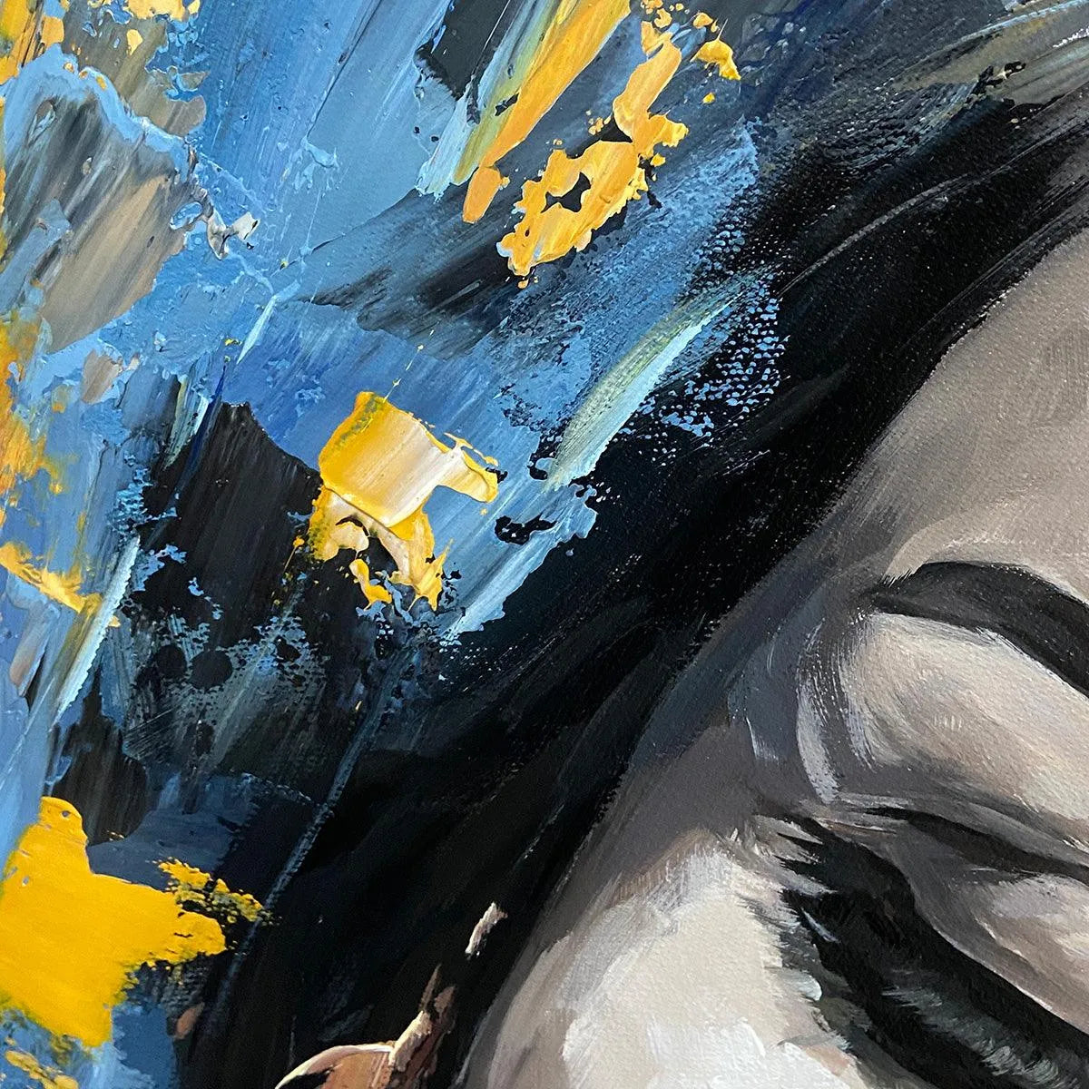 GOLDEN MUSE: Portrait Painting in Blue and Gold, Square Canvas, Modern Figurative Wall Art - Image 5