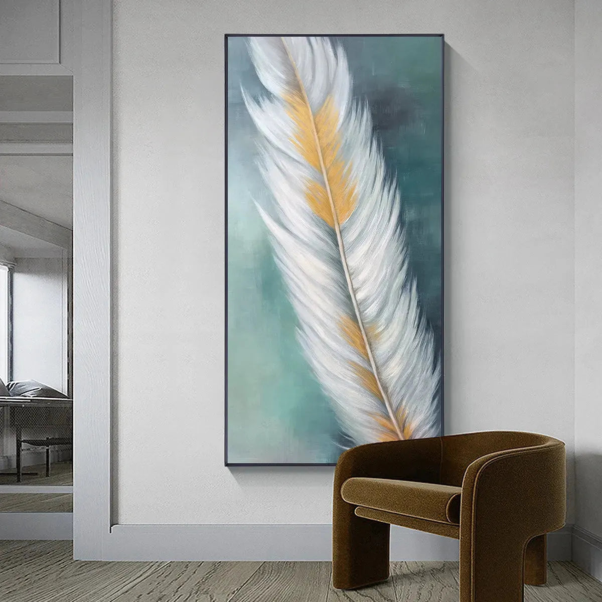 GOLDEN QUILL: White and Gold Feather Painting, Green Background Wall Art, Vertical Canvas, Minimalist Decor - Image 6
