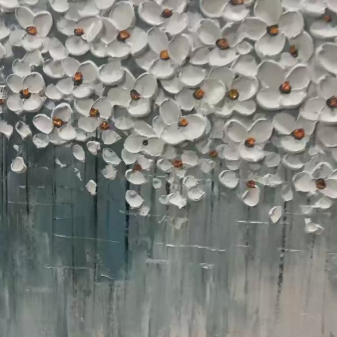WINTER BLOSSOM: Panoramic Impasto Floral Oil Painting in White and Grey - Image 3
