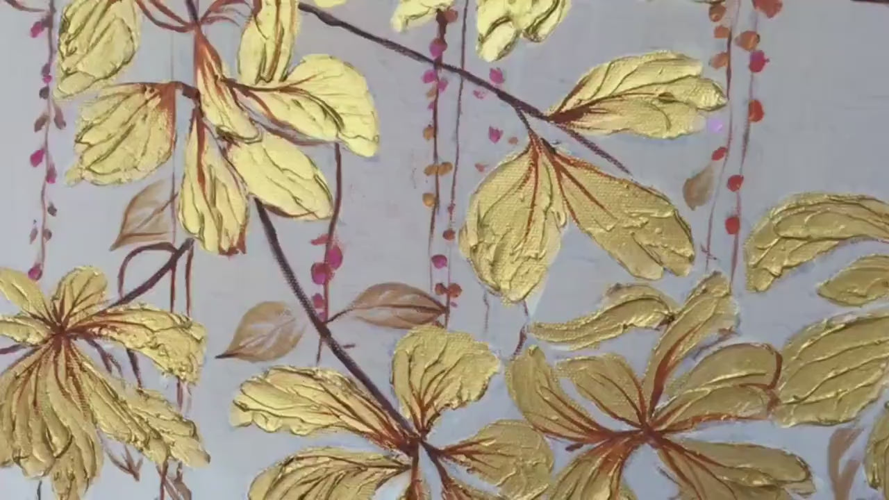 GOLDEN GARDEN: Panoramic Golden Leaf and Bird Painting | Asian Art - Image 3
