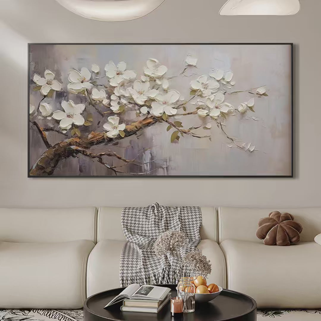 WHITE BLOSSOMS: Textured Floral Painting, White Flower Wall Art, Panoramic Canvas, Impressionist Decor - Image 2