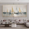 GOLDEN SAILBOATS: Textured Seascape Painting, Horizontal Wall Art