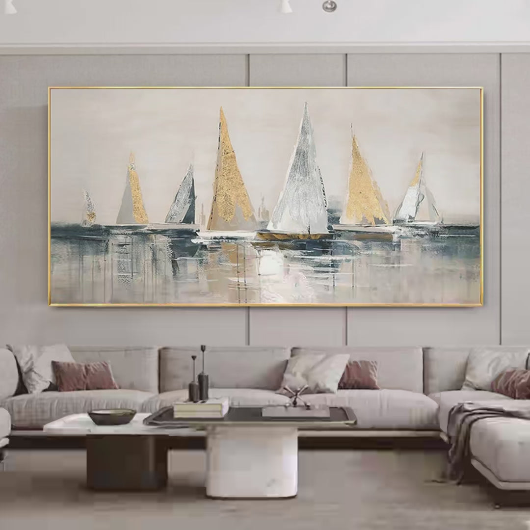GOLDEN SAILBOATS: Textured Seascape Painting, Horizontal Wall Art - Image 2