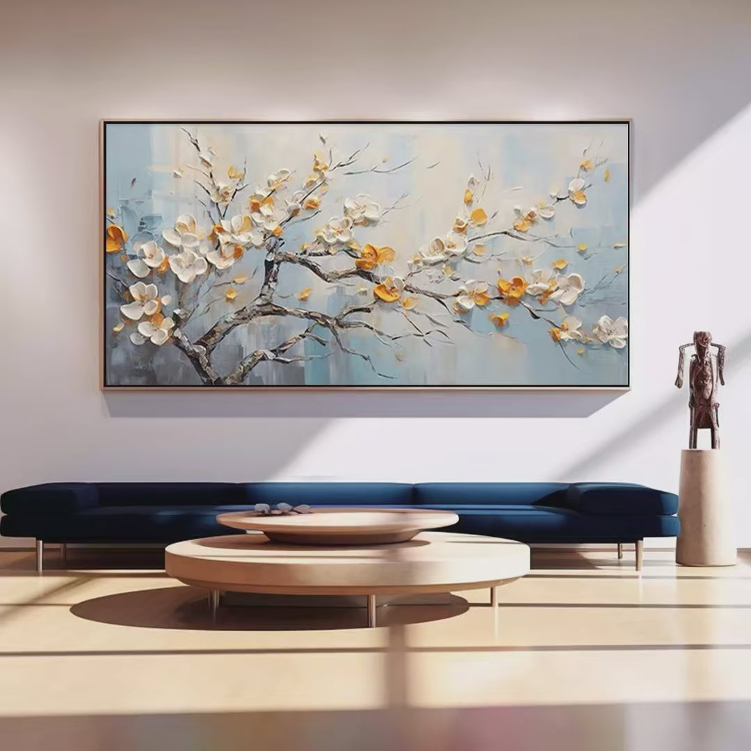 SPRING BLOSSOMS: Textured Floral Painting in White and Gold - Image 2