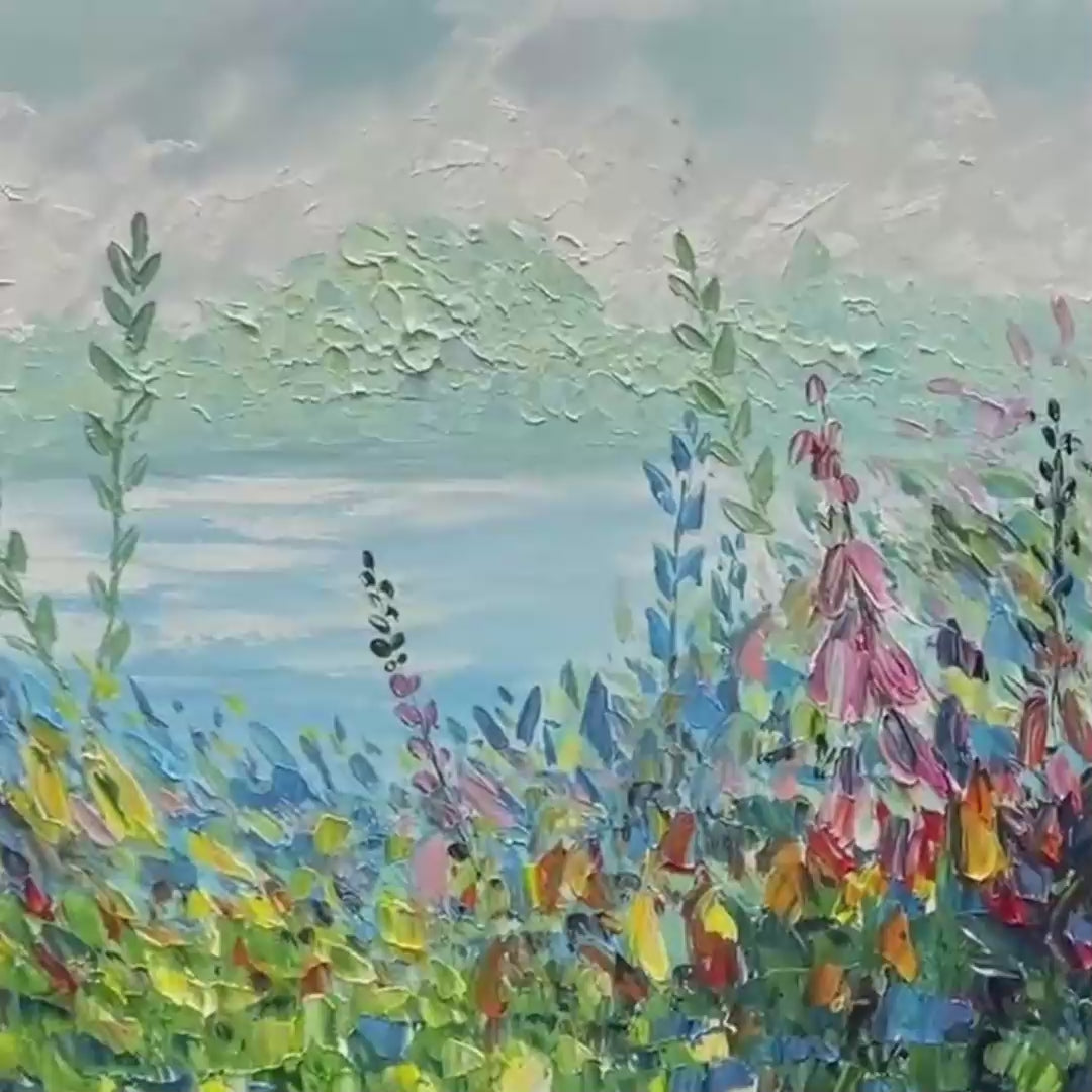 ALPINE MEADOW: Impasto Landscape Oil Painting with Wildflowers and Lake View - Image 3