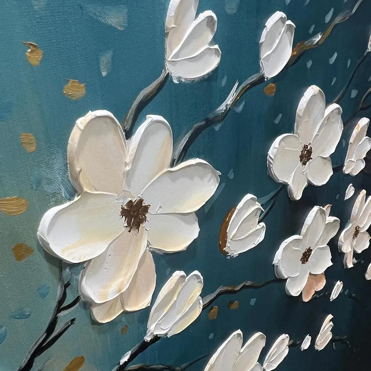 Hand-Painted Floral Tree Oil Painting - Blue & Gold - Image 5