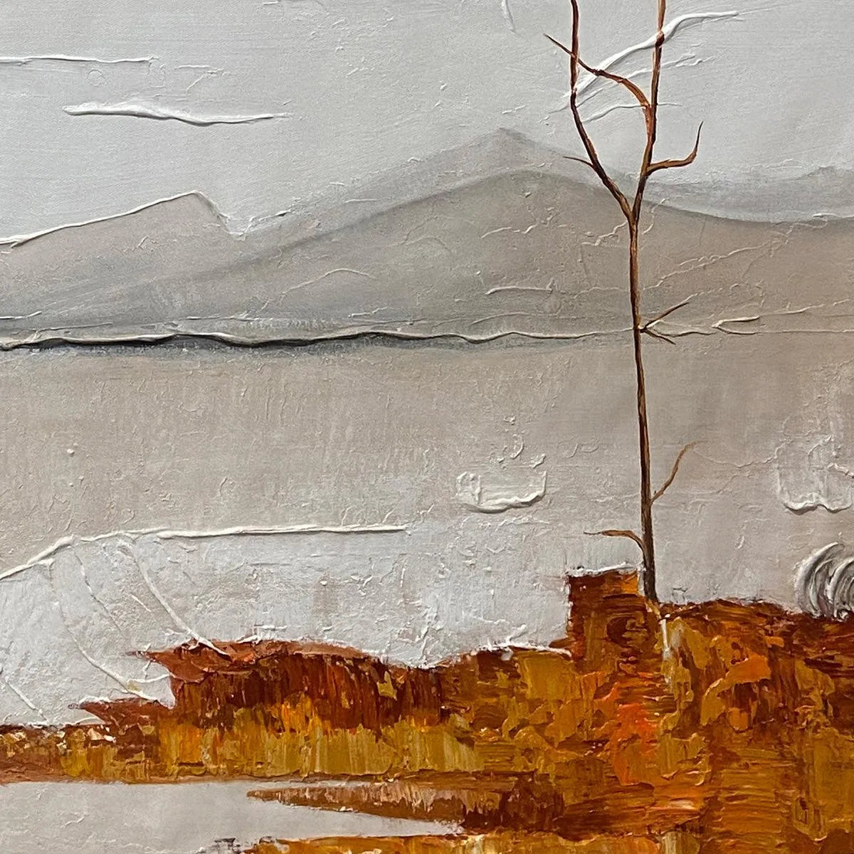 SERENE WATERS: Minimalist Landscape Painting in White, Grey, and Orange, Square Canvas Wall Art - Image 3