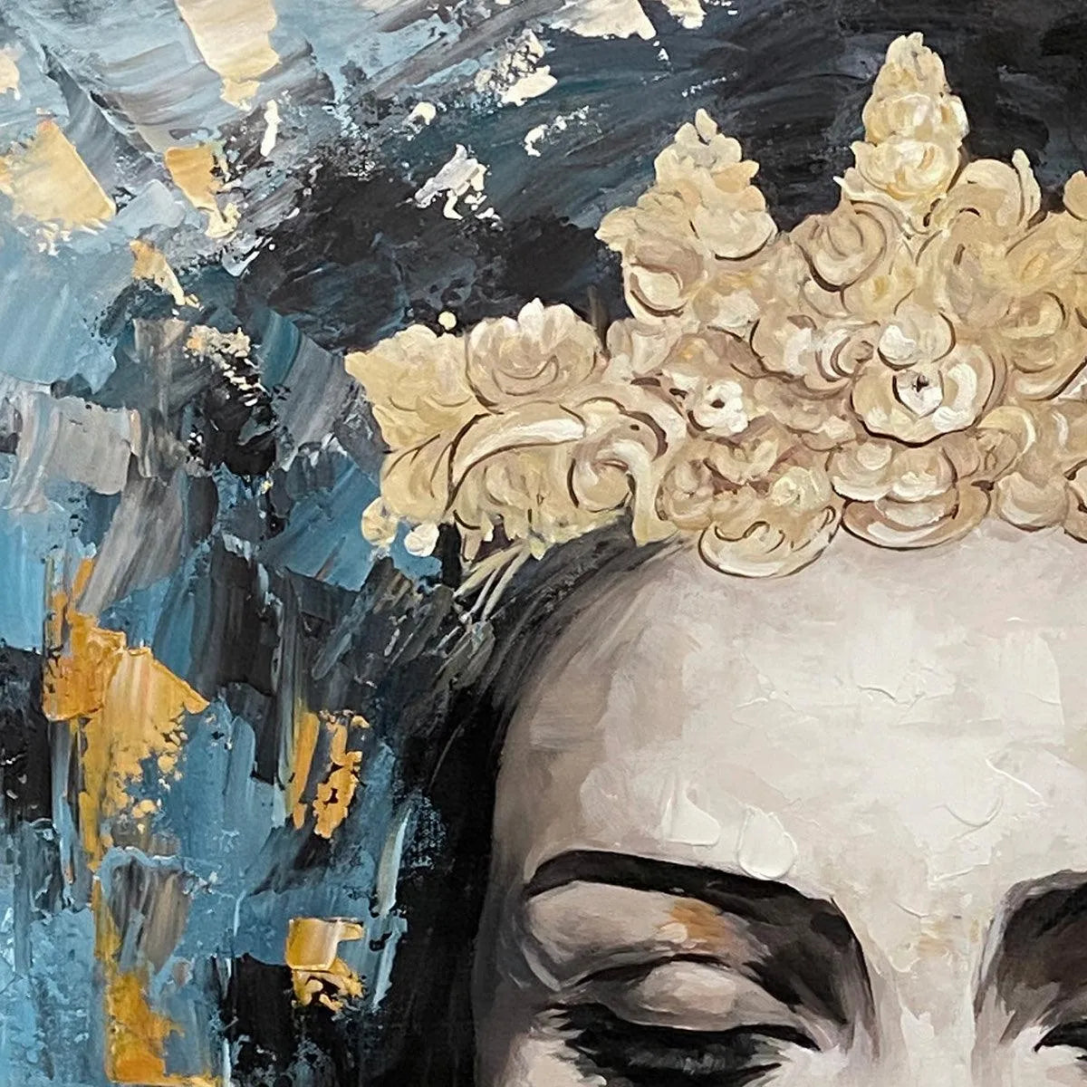 GOLDEN MUSE: Portrait Painting in Blue and Gold, Square Canvas, Modern Figurative Wall Art - Image 3