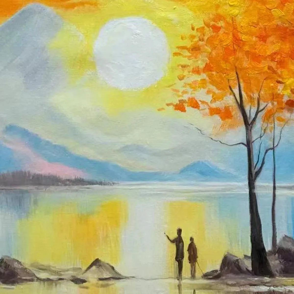 Sunset Landscape Oil Painting - Vibrant Orange Art - Image 2