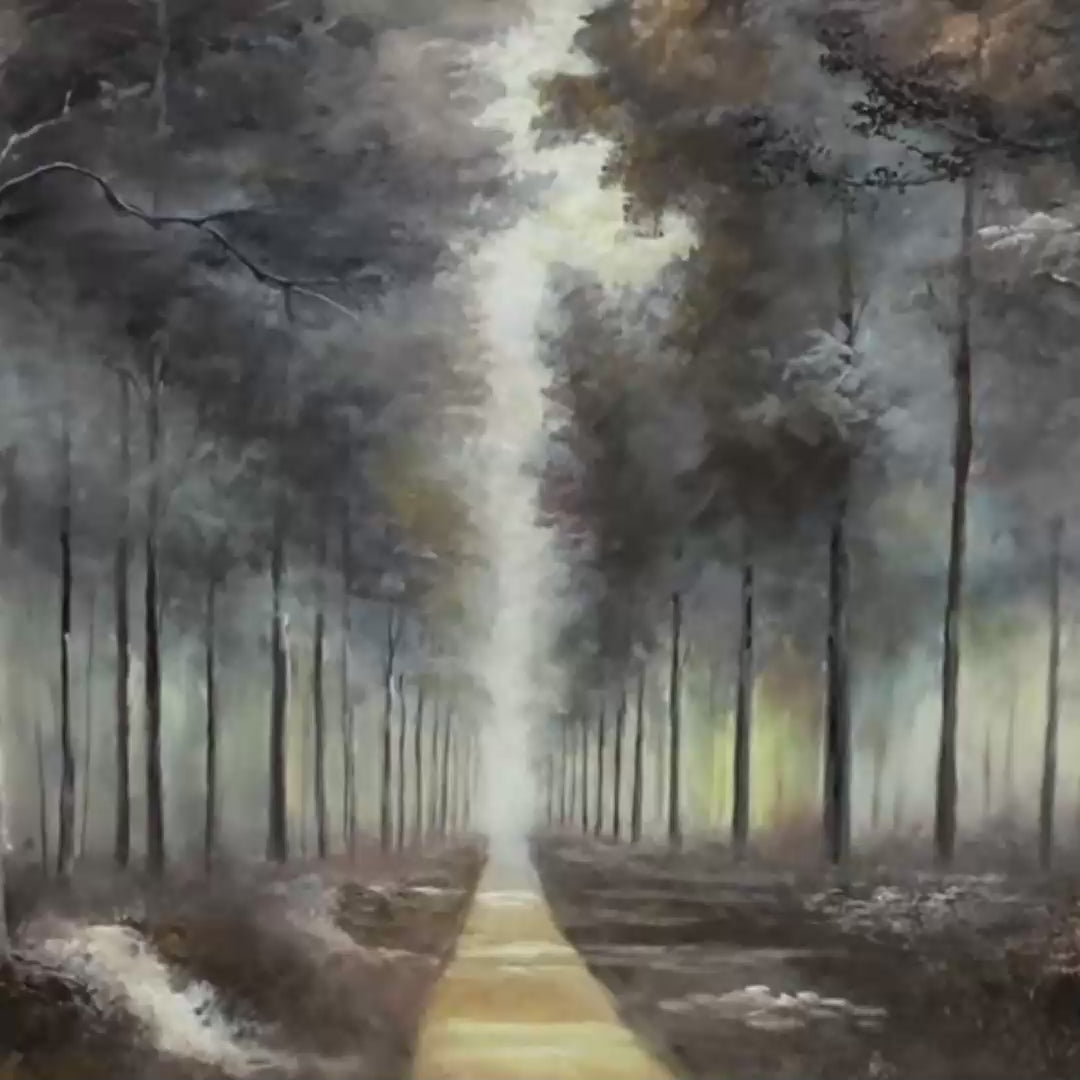 FOREST PATH: Panoramic Misty Forest Landscape Oil Painting - Image 3