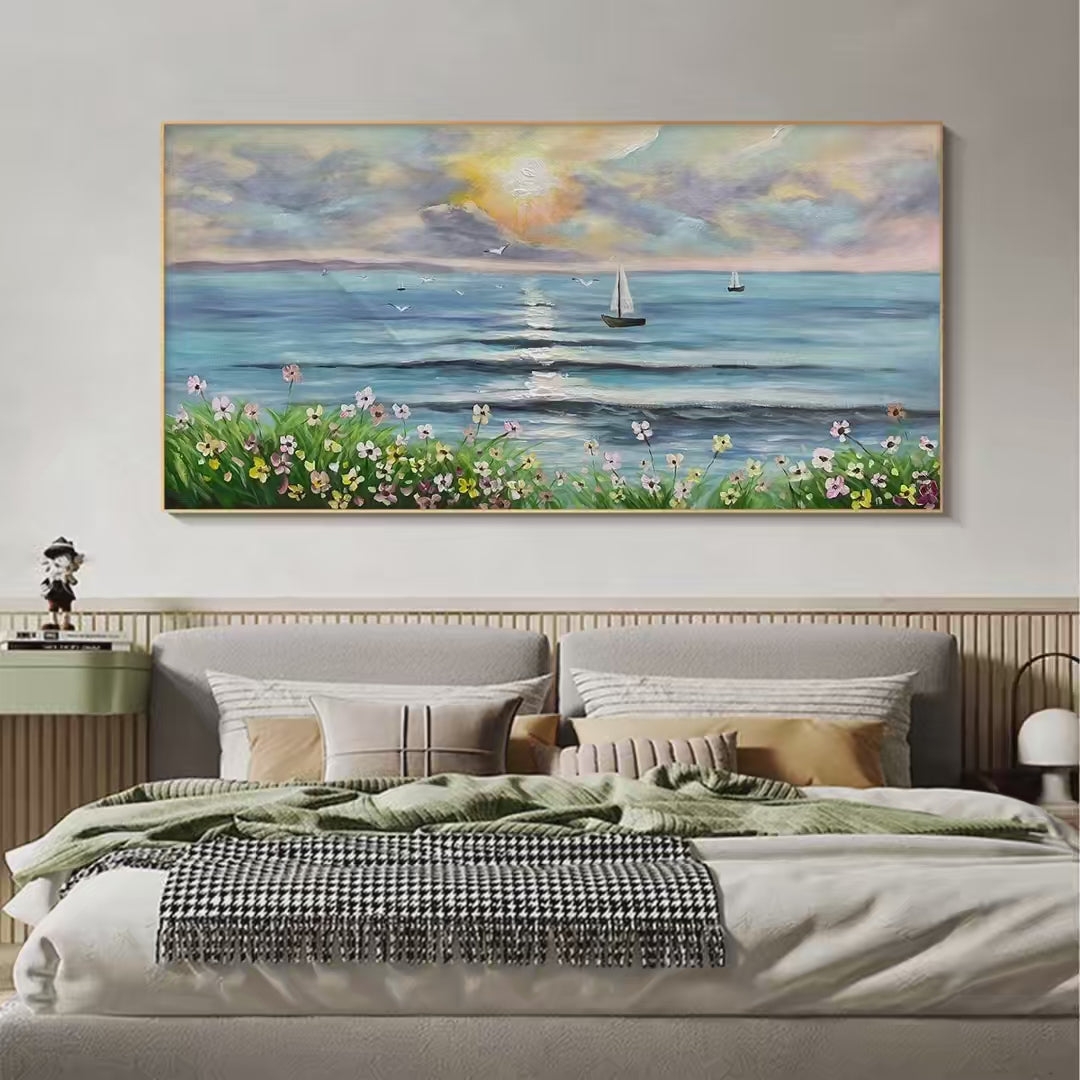 SUNSET SAIL: Coastal Sunset Painting, Sailboat and Wildflowers, Horizontal Canvas, Ocean Decor - Image 4