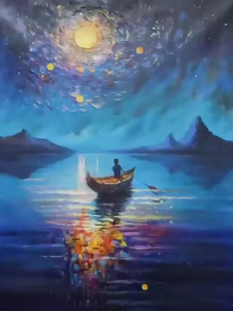 STARRY VOYAGE: Impressionist Nightscape Oil Painting in Blue - Image 4