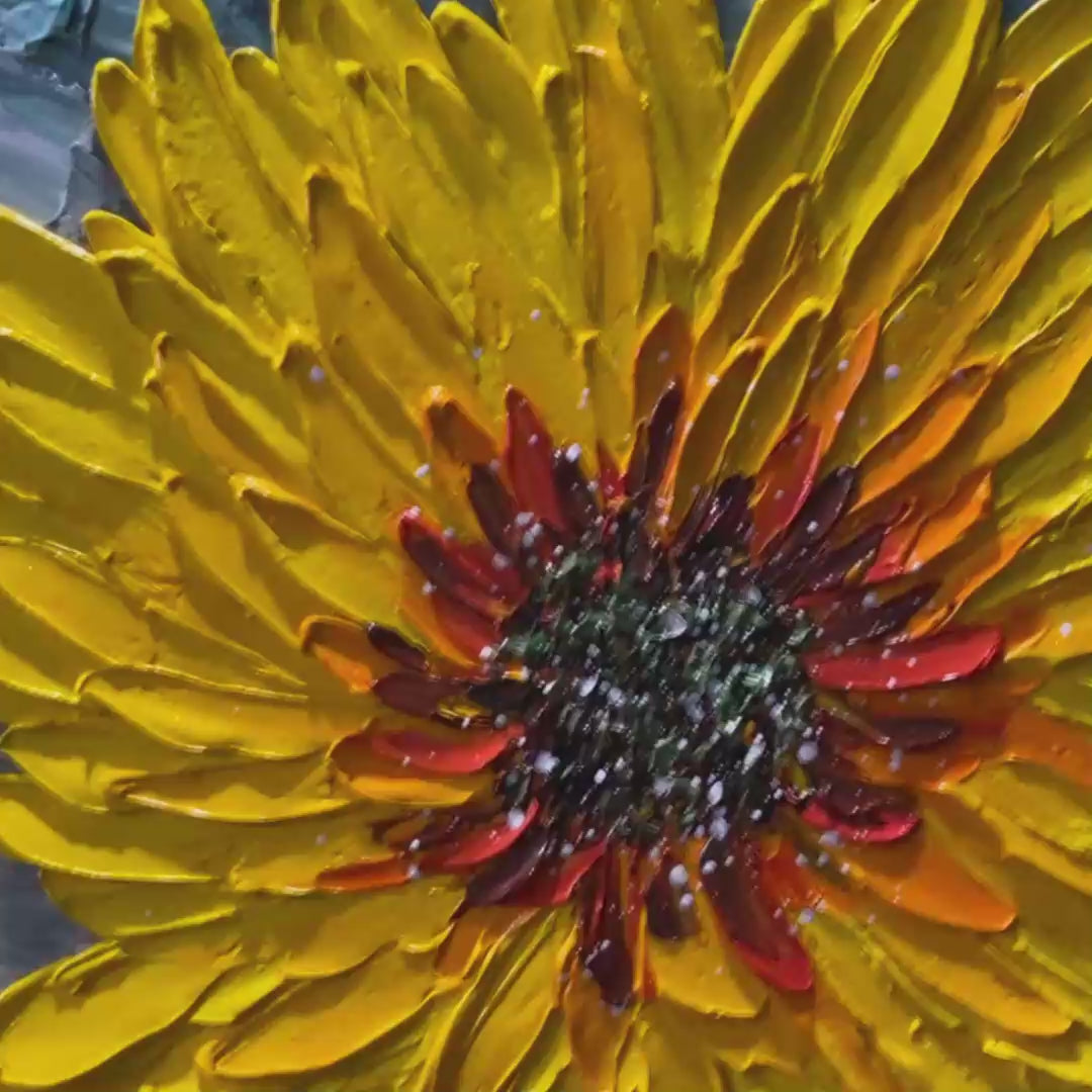 SOLAR BLOOM: Textured Impasto Sunflower Oil Painting in Yellow and Grey - Image 3