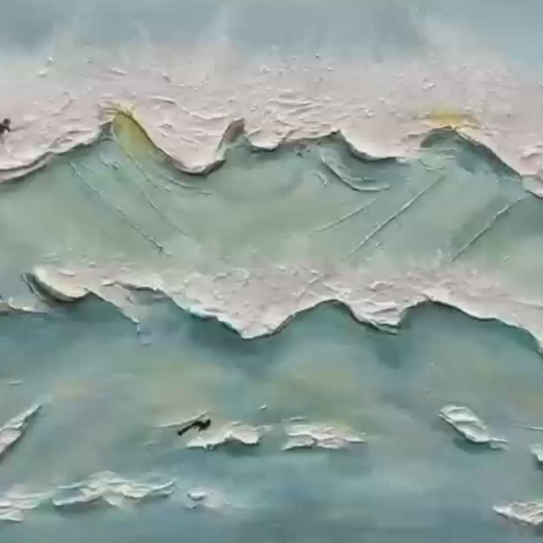OCEAN'S HEARTBEAT: Panoramic Ocean Wave Painting with Surfers for Living Room - Image 3
