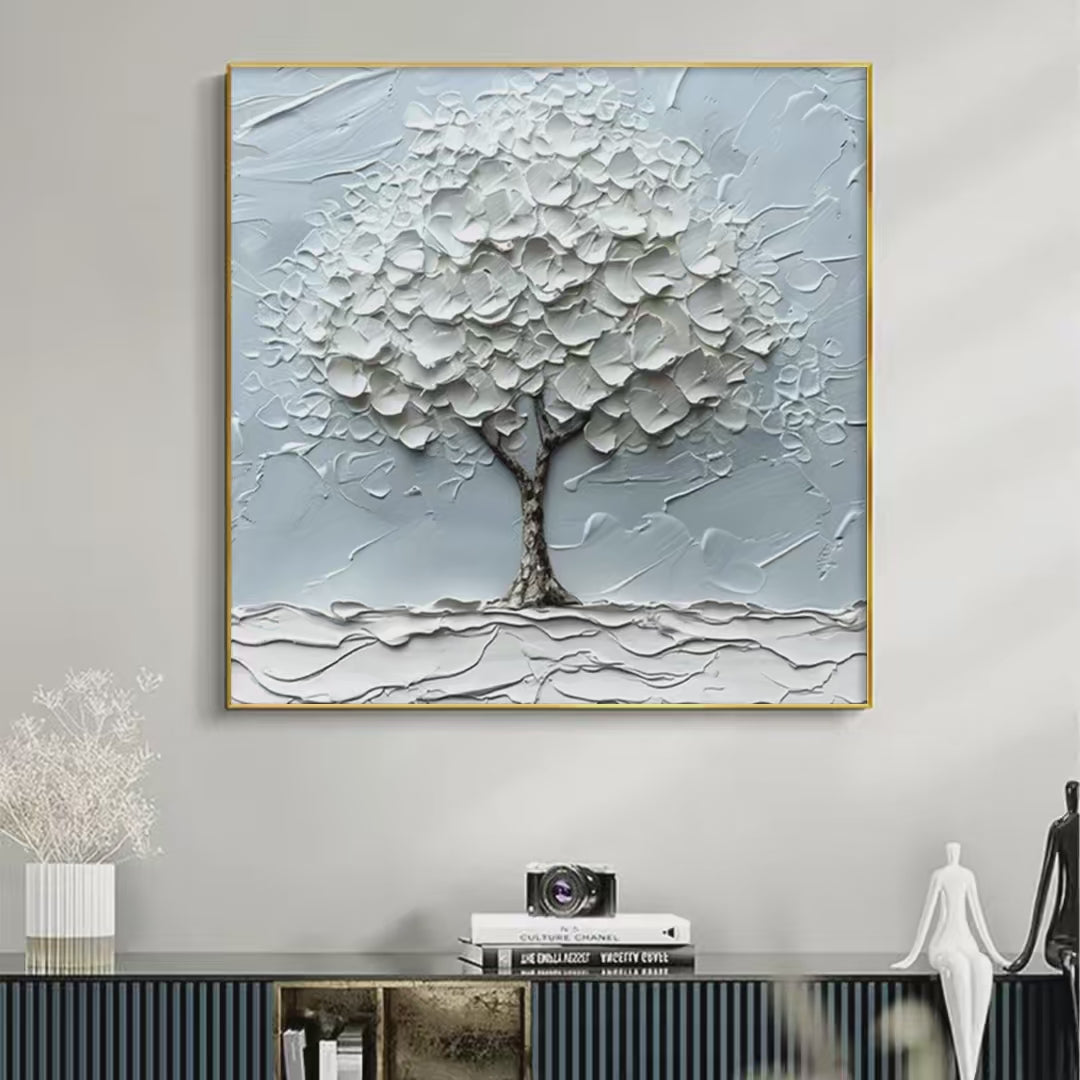 WINTER'S EMBRACE: Textured Tree Painting, Impasto Wall Art, Square Canvas, Winter Decor, Minimalist Art - Image 2