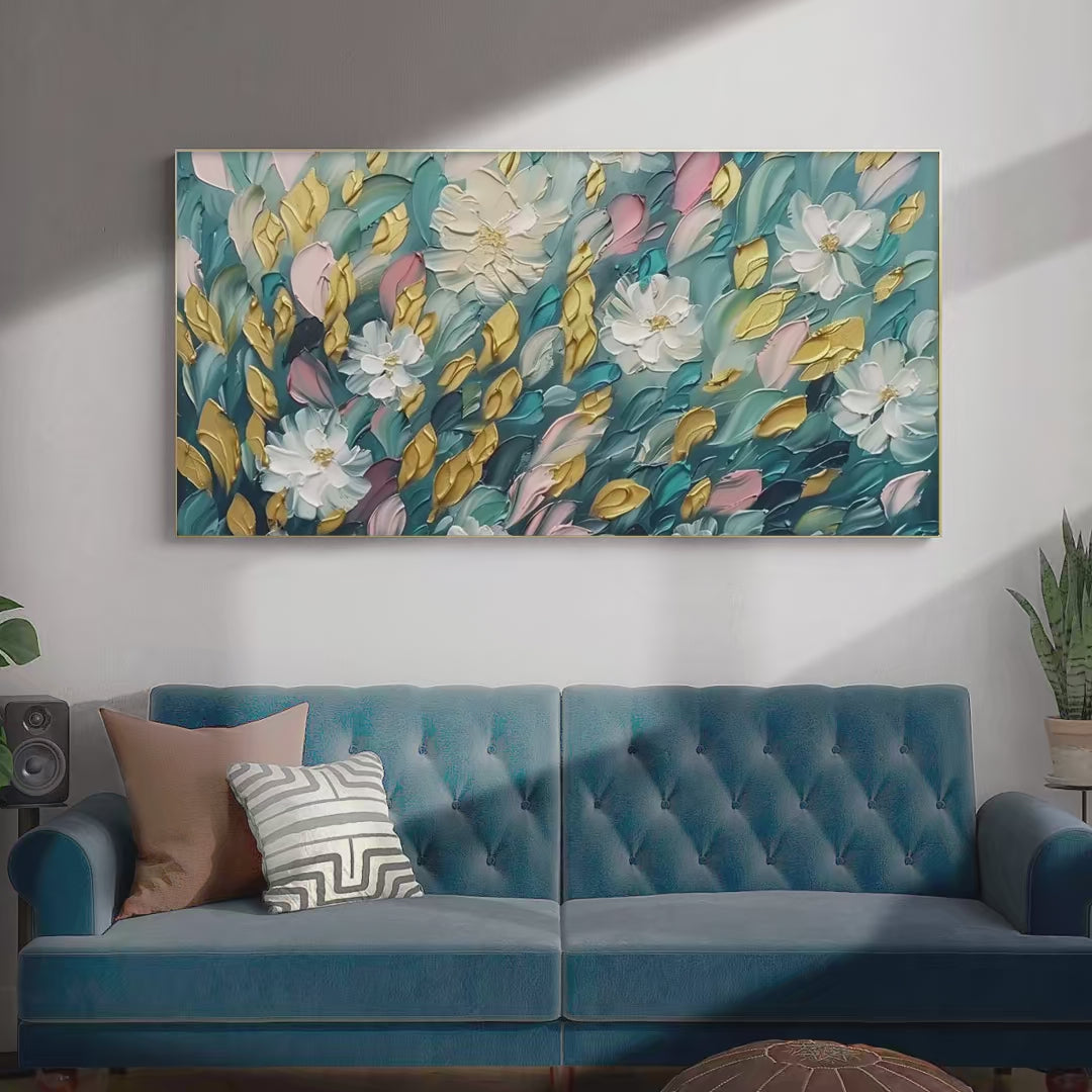 GOLDEN GARDEN: Textured Floral Painting in Teal and Gold - Image 4