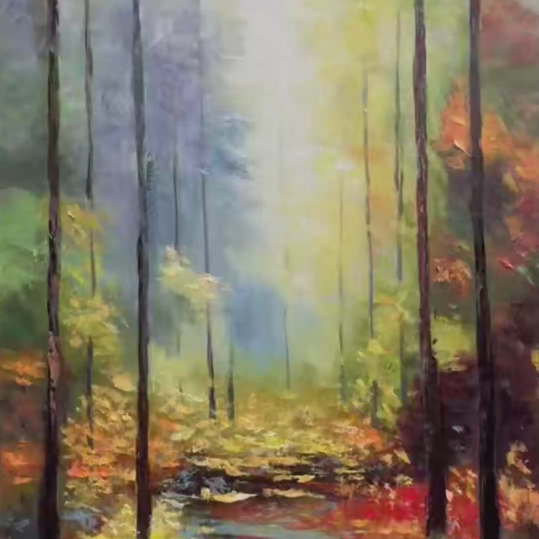 AUTUMN WOODLAND STREAM: Vertical Landscape Oil Painting, Forest Scene with Stream, Fall Colors, Nature Wall Art - Image 3