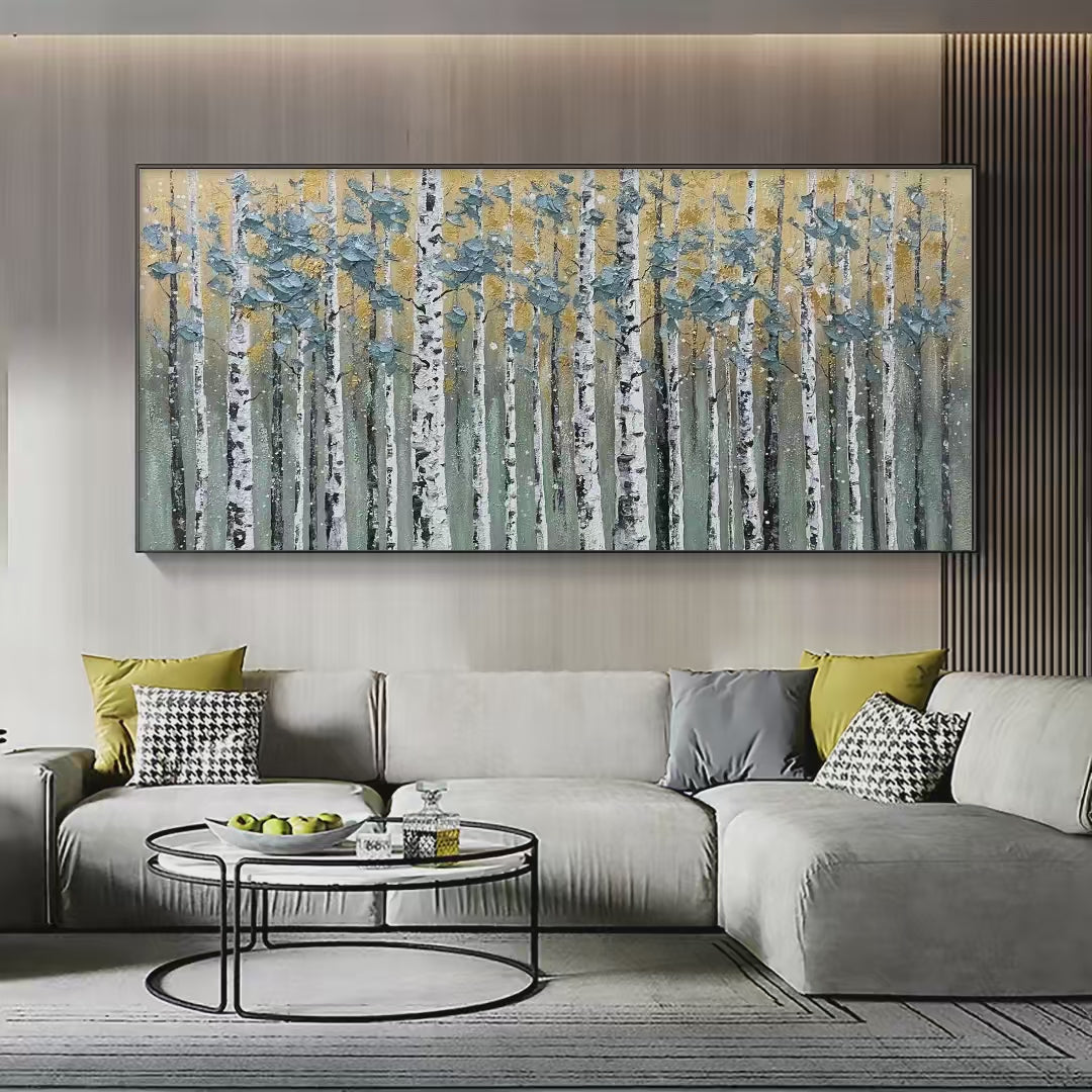 GOLDEN BIRCH GROVE: Textured Birch Tree Painting, Gold and Green Wall Art, Horizontal Canvas, Forest Decor - Image 4