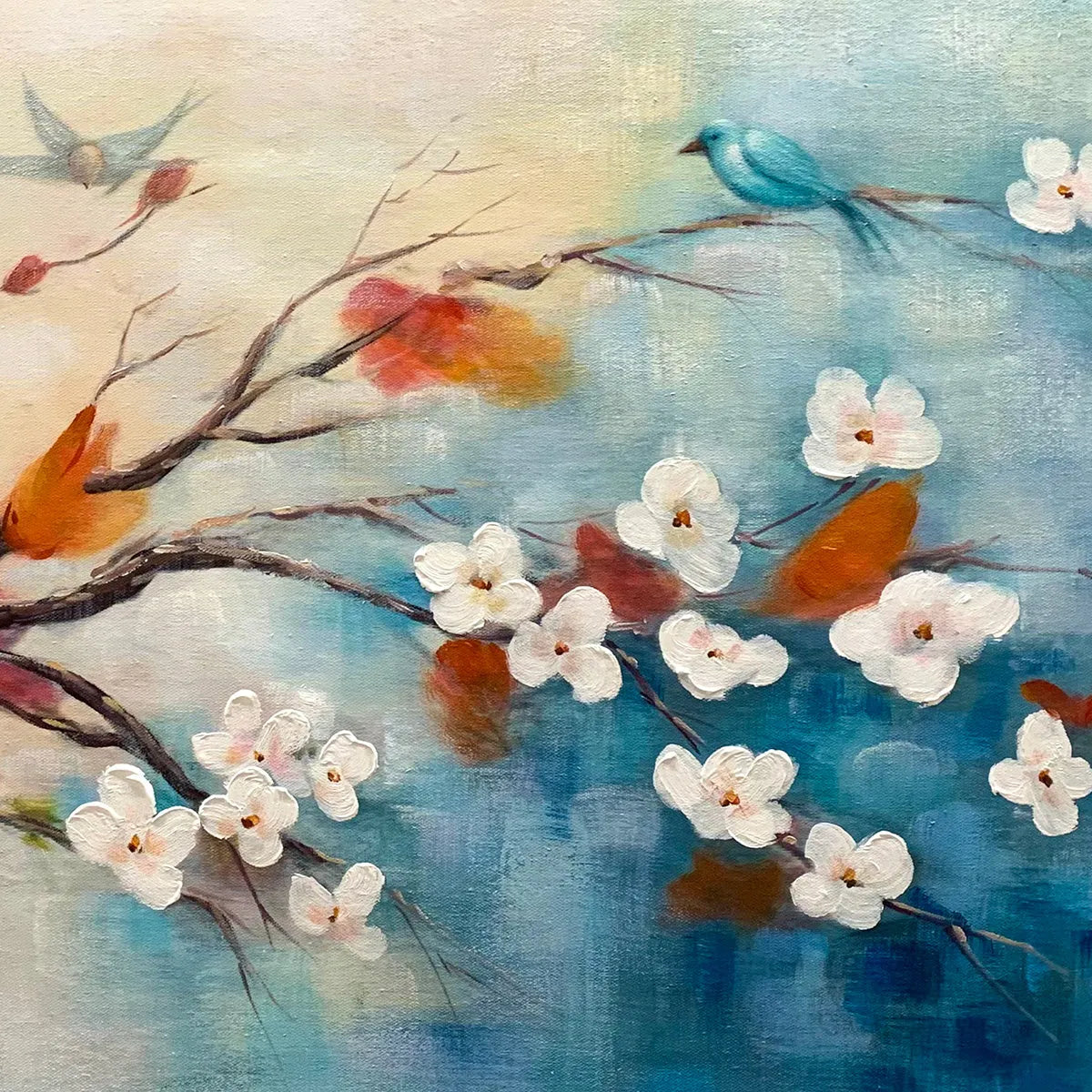 SPRING MELODY: Panoramic Blossom Tree Painting with Colorful Birds - Image 3