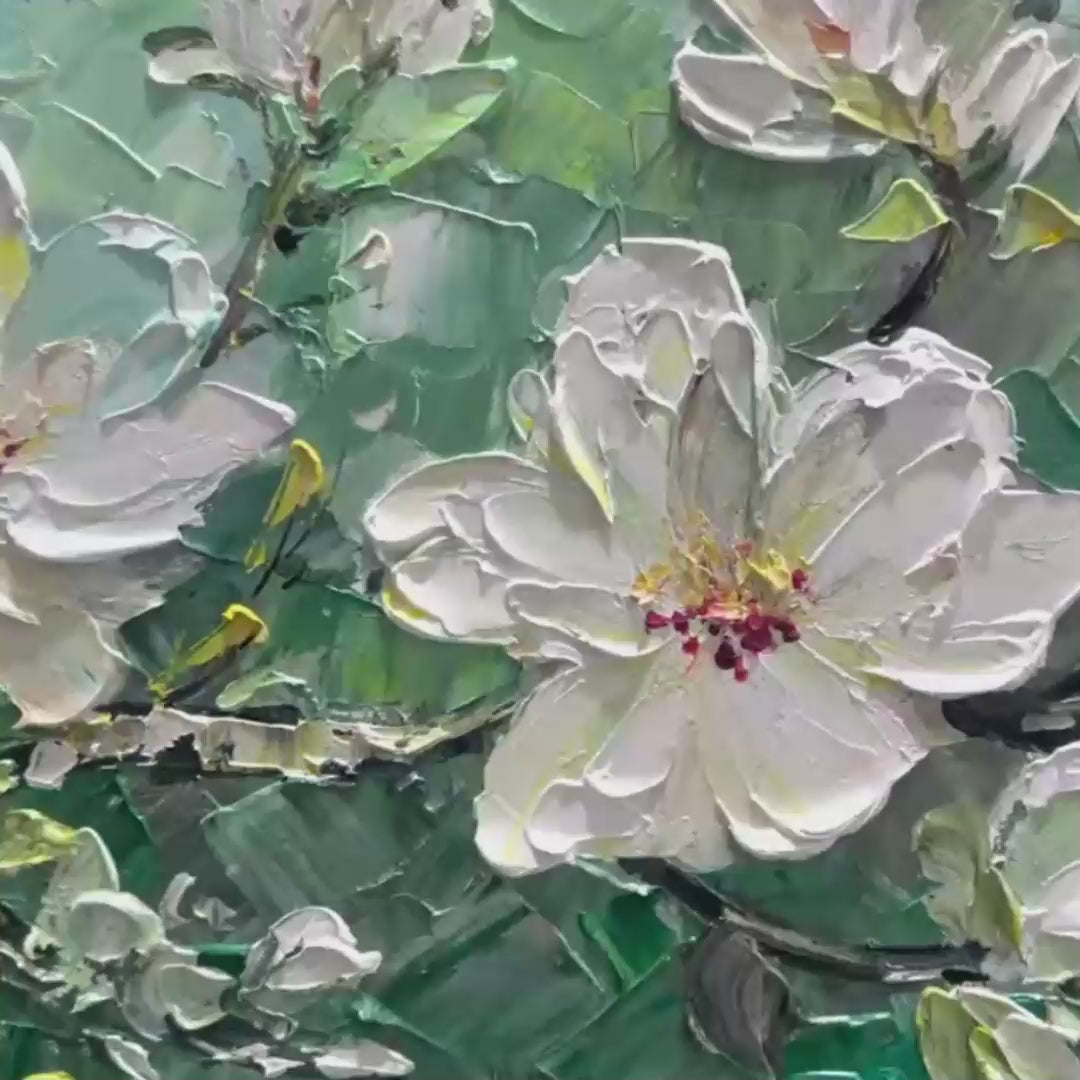 JADE MAGNOLIAS: White Magnolia Impasto Painting for Living Room - Image 4