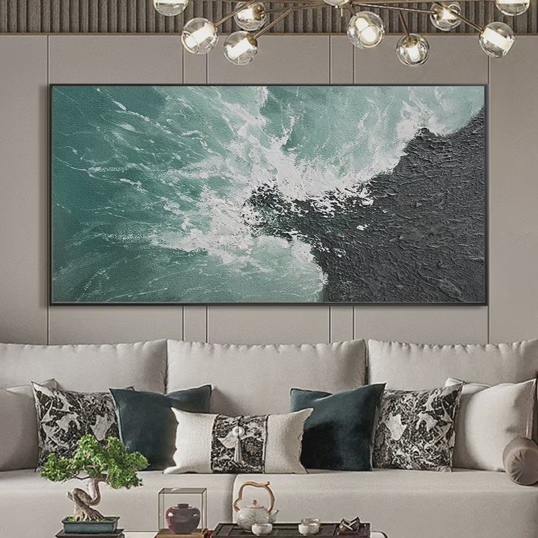 TURQUOISE CRASH: Textured Abstract Seascape Painting in Teal and Black - Image 4